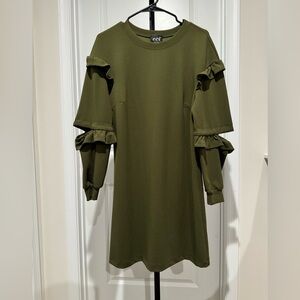 ECI New York Knee-Length Olive Green Dress With Cut Out Ruffled Long Sleeves